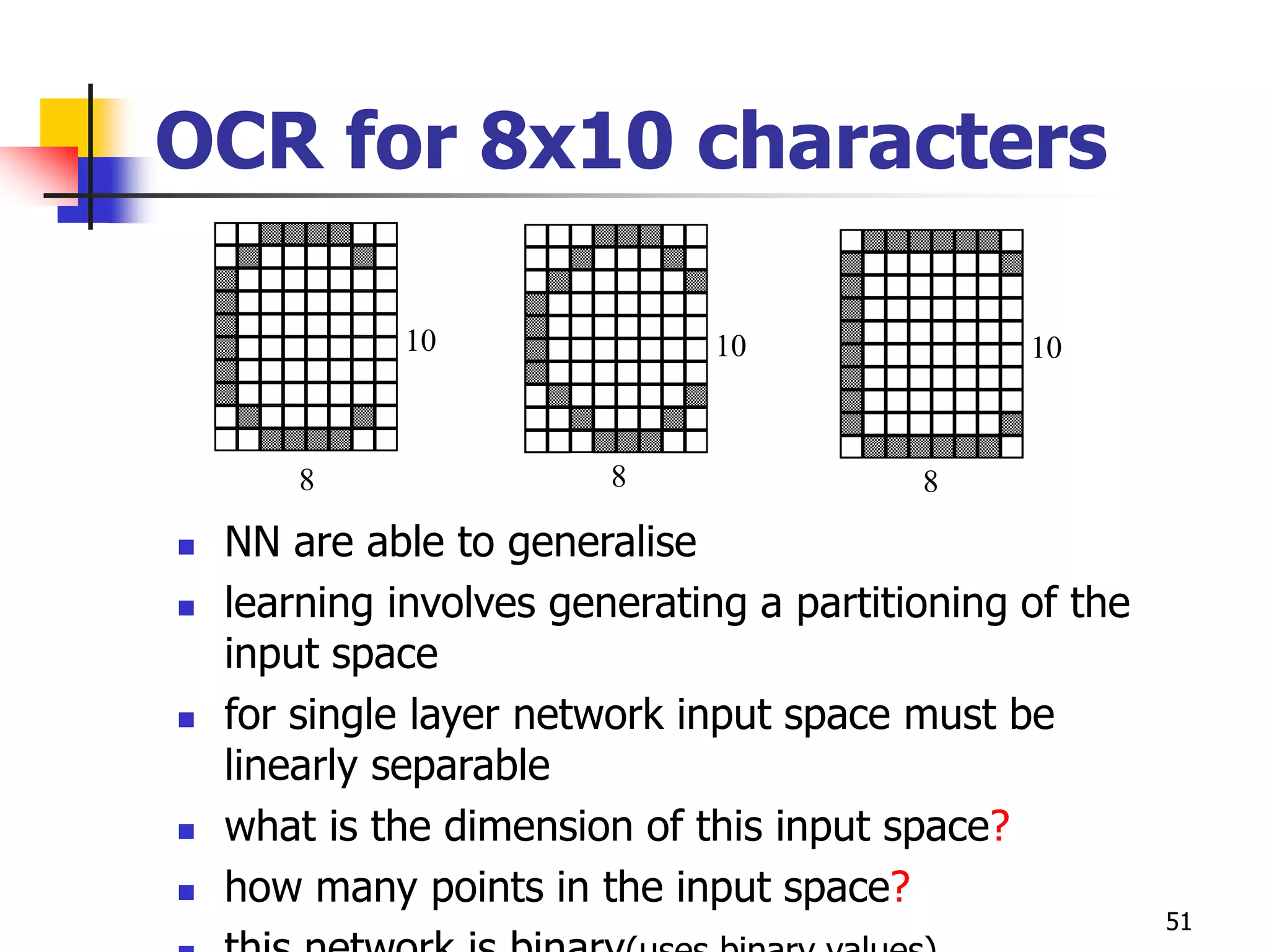 51
OCR for 8x10 characters
 NN are able to generalise
 learning involves generating a partitioning of the
input space
 for single layer network input space must be
linearly separable
 what is the dimension of this input space?
 how many points in the input space?
8
10
8 8
10
10
 
