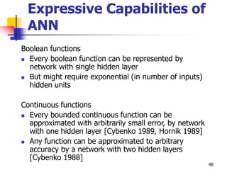48
Expressive Capabilities of
ANN
Boolean functions
 Every boolean function can be represented by
network with single hidden layer
 But might require exponential (in number of inputs)
hidden units
Continuous functions
 Every bounded continuous function can be
approximated with arbitrarily small error, by network
with one hidden layer [Cybenko 1989, Hornik 1989]
 Any function can be approximated to arbitrary
accuracy by a network with two hidden layers
[Cybenko 1988]
 