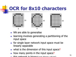 51
OCR for 8x10 characters
 NN are able to generalise
 learning involves generating a partitioning of the
input space
 for single layer network input space must be
linearly separable
 what is the dimension of this input space?
 how many points in the input space?
8
10
8 8
10
10
 