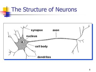 8
The Structure of Neurons
axon
cell body
synapse
nucleus
dendrites
 