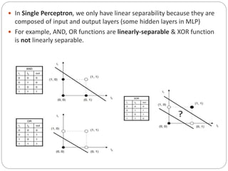  In Single Perceptron, we only have linear separability because they are
composed of input and output layers (some hidden layers in MLP)
 For example, AND, OR functions are linearly-separable & XOR function
is not linearly separable.
 