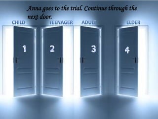 Anna goes to the trial. Continue through the
next door.
 