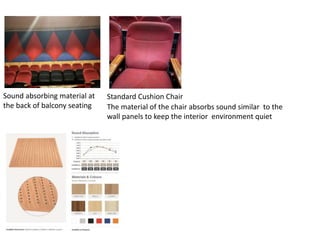 Sound absorbing material at
the back of balcony seating
Standard Cushion Chair
The material of the chair absorbs sound similar to the
wall panels to keep the interior environment quiet
 