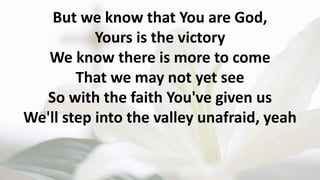 But we know that You are God,
Yours is the victory
We know there is more to come
That we may not yet see
So with the faith You've given us
We'll step into the valley unafraid, yeah
 