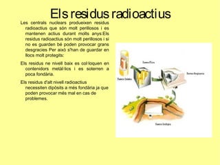ElsresidusradioactiusLes centrals nuclears produeixen residus
radioactius que són molt perillosos i es
mantenen actius durant molts anys:Els
residus radioactius són molt perillosos i si
no es guarden bé poden provocar grans
desgracies Per això s'han de guardar en
llocs molt protegits:
Els residus ne nivell baix es col·loquen en
contenidors metàl·lics i es soterren a
poca fondària.
Els residus d'alt nivell radioactius
necessiten dipòsits a més fondària ja que
poden provocar més mal en cas de
problemes.
 