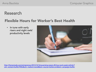 Anna Bautista 








 


 Computer Graphics
Research
Flexible Hours for Workers Best Health
?? In tune with early
risers and night owls
productivity levels
	
 ?
http://thenextweb.com/entrepreneur/2013/12/16/surprising-reason-40-hour-work-week-rethink/?
utm_content=buffer75f2c&utm_medium=social&utm_source=twitter.com&utm_campaign=buffer
	
 ?
 
