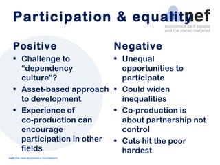 Participation & equality Positive Challenge to “dependency culture”? Asset-based approach to development Experience of  co-production can encourage participation in other fields Negative Unequal opportunities to participate Could widen inequalities Co-production is about partnership not control Cuts hit the poor hardest 