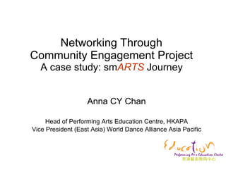 Networking Through  Community Engagement Project   A case study: sm ARTS  Journey  Anna CY Chan Head of Performing Arts Education Centre, HKAPA Vice President (East Asia) World Dance Alliance Asia Pacific 
