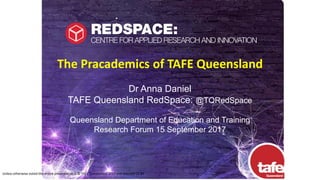 :
The Pracademics of TAFE Queensland
Dr Anna Daniel
TAFE Queensland RedSpace: @TQRedSpace
Queensland Department of Education and Training
Research Forum 15 September 2017
Unless otherwise noted this entire presentation is © TAFE Queensland 2017 and licensed CC BY
 