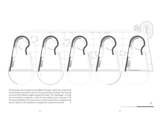 Floor plan - general
  P
Team07.AnnaDavidovich,AndreaPardo,DanielSegovia
WorkshopElliMosayebi
MCH2021,UPMETHZürich
The floorplan layout presents two different facades, while one is dedicated
to the showrooms and the other to the social activity of eating. Five housing
units form five different stages towards the street. The “backstage” is a long
bar and vertical circulations: a tube for food delivery and a staircase. The
freespacesbetweentheunitsserveasacommunalareaforsocialgathering
and an option for the dwellers to enlarge their living environment.
42 43
 