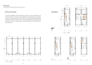 Thick plan
0 5 m
1
N
0 5 m
1
N
5
15
5
5
20
The thick inhabitable shelf is planned to contain a varied combination of
apartment types. The access to the apartments is through an open gallery.
In front of each apartment a front terrace is located, allowing a threshold
between the public and the private. The thick apartment is designed with
the service area at its darkest part, introducing light to both living rooms
and bedrooms.
0 5 m
1
N
5
20
5
15
20
0 5 m
1
N
5
20
5
15
20
15
0 5 m
1
N
0 5 m
1
N
0 5 m
1
N
5
20
5
15
5
20
5
15
5
20
5
15
10
0 5 m
1
N
0 5 m
1
N
0 5 m
1
N
5
20
5
15
5
20
5
15
5
20
5
15
5
20
5
15
30
10
5
5
20
5
0 5 m
1
N
0 5 m
1
N
0 5 m
1
N
5
20
5
15
5
20
5
15
5
20
5
15
5
20
5
15
30
10
5
5
20
5
Grid and envelope Typologies
studio 2 BD
4 BD
54 55
 