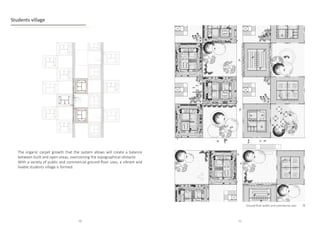 Students village
The organic carpet growth that the system allows will create a balance
between built and open areas, overcoming the topographical obstacle. 		
With a variety of public and commercial ground-floor uses, a vibrant and
livable students village is formed.
Ground floor public and commercial uses
70 71
 