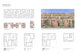 4,00
6,00
10.00
5.00
5,00
10,00
6,00 1,50
6.00
4.00
10.00
6.00 4.00
5,00
5.00
6,00
7,70
4,00
6,00
10.00
5.00
5,00
10,00
6,00 1,50
6.00
4.00
5.00
Domestic scale
The L-shaped apartment typology was developed for the domestic
scale, providing more corner situations and offering double
orientations for each apartment. The repetition of the module
around the courtyards created the typologies in the north and the
southern part of the proposal. As a result of the proposal’s approach
to the topography, the rooftops create an elevated landscape towards
the park and can be used as communal spaces for the residents.
The proposal offers approx. 410 dwelling units over an area of 11,500 sqm.
courtyard typology
2BD apartment + terrace
80 + 20 sqm
2BD apartment
66 sqm
Tower
6,00
7,70
4,00
6,00
10.00
5.00
5,00
4.00
6,00
7,70
10.00
Street view towards the courtyard typology and its roof terraces
2BD apartment
80 sqm
Studio apartment
46 sqm
78 79
 