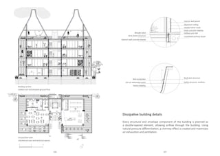 heat pump
water tunk
water tunk
solar panels
battery
solar panels
battery
solar panels
battery
solar panels
battery
1
2
Building section
Gabled roof and elevated ground floor
Ground floor plan
commercial uses and technical spaces
Every structural and envelope component of the building is planned as
a double-layered element, allowing airflow through the building. Using
natural pressure differentiation, a chimney effect is created and maximizes
air exhaustion and ventilation.
Dissipative building details
Interior wall panels
Wooden deck
Deck frame structure
Exterior wall concrete boards
Aluminum railing
Headed shear studs
Insitu concrete topping
Hollow core slab
Castellated primary beam
1
Rain protection
Hot air exhaustion point
Roof steel structure
Kalzip structure, mullions
Kalzip cladding
2
106 107
 