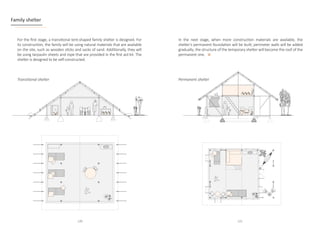 Family shelter
For the first stage, a transitional tent-shaped family shelter is designed. For
its construction, the family will be using natural materials that are available
on the site, such as wooden sticks and sacks of sand. Additionally, they will
be using tarpaulin sheets and rope that are provided in the first aid kit. The
shelter is designed to be self-constructed.
Transitional shelter
In the next stage, when more construction materials are available, the
shelter’s permanent foundation will be built; perimeter walls will be added
gradually; the structure of the temporary shelter will become the roof of the
permanent one.
Permanent shelter
120 121
 