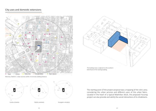 City uses and domestic extensions
Moncloa, Madrid | urban services within 10 minutes walking distance
+
+
+
+
+
+
+
+
+
+
+
+
+
+
+
+
+
!
!
!
!
!
!
!
!
!
*
*
*
10´walk
¬
+
¬ ¬
+
+
+
//
//
//
Family schedule Elderly schedule Youngster schedule
The starting point of the project proposal was a mapping of the site’s area,
considering the urban services and different users of the urban fabric.
Located in the heart of a typical Madridian block, the proposed housing
project can also provide and satisfy the social interactions of its inhabitants.
The building mass is adjacent to the southern
blind-faced of the existing building
12 13
 