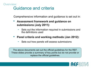 Overview:
      Guidance and criteria
       Comprehensive information and guidance is set out in:
      •     Assessment framework and guidance on
            submissions (July 2011):
            -   Sets out the information required in submissions and
                the definitions used
      •     Panel criteria and working methods (Jan 2012):
            -   Sets out how panels will assess submissions


      The above documents set out the official guidelines for the REF.
     These slides provide a summary of key points but do not provide or
                        replace the official guidelines.
 