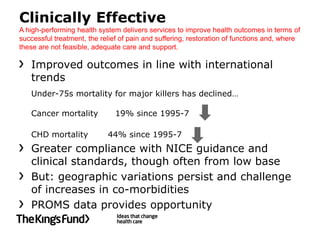 Clinically Effective
A high-performing health system delivers services to improve health outcomes in terms of
successful treatment, the relief of pain and suffering, restoration of functions and, where
these are not feasible, adequate care and support.

   Improved outcomes in line with international
   trends
   Under-75s mortality for major killers has declined…

   Cancer mortality            19% since 1995-7

   CHD mortality            44% since 1995-7
   Greater compliance with NICE guidance and
   clinical standards, though often from low base
   But: geographic variations persist and challenge
   of increases in co-morbidities
   PROMS data provides opportunity
 