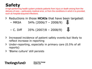 Safety
A high-performing health system protects patients from injury or death arising from the
delivery of care – particularly medical error, or from the conditions in which it is provided,
such as hospital-acquired infections.

    Reductions in those HCAIs that have been targeted:
     – MRSA      54% (2006/7 – 2008/9)

     – C. Diff            35% (2007/8 – 2008/9)

    Increased incidence of patient safety events but likely to
    reflect increase in reporting
    Under-reporting, especially in primary care (0.5% of all
    reports)
    ‘Blame culture’ still persists
 