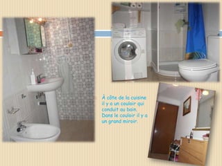    À côte de la cuisine
    il y a un couloir qui
    conduit au bain.
    Dans le couloir il y a
    un grand miroir.
 