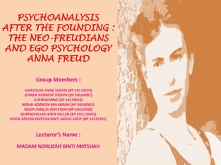 PSYCHOANALYSIS
AFTER THE FOUNDING :
THE NEO-FREUDIANS
AND EGO PSYCHOLOGY
ANNA FREUD
Budak Belkom
UMS 2014/2015
 
