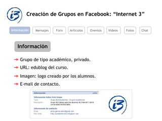 Creación de Grupos en Facebook: “Internet 3” Información Mensajes Foro Artículos Eventos Videos Información Grupo de tipo académico, privado.  URL: edublog del curso.  Imagen: logo creado por los alumnos.  Fotos Chat E-mail de contacto.  