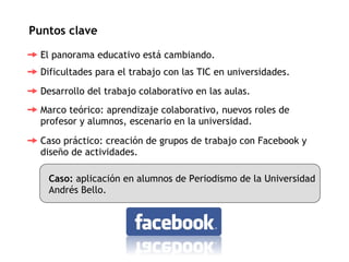 Puntos clave El panorama educativo está cambiando.  Dificultades para el trabajo con las TIC en universidades.  Desarrollo del trabajo colaborativo en las aulas.  Marco teórico: aprendizaje colaborativo, nuevos roles de profesor y alumnos, escenario en la universidad.  Caso práctico: creación de grupos de trabajo con Facebook y diseño de actividades.  Caso:  aplicación en alumnos de Periodismo de la Universidad Andrés Bello. 