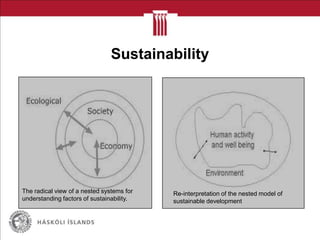 Sustainability
The radical view of a nested systems for
understanding factors of sustainability.
Re-interpretation of the nested model of
sustainable development
 