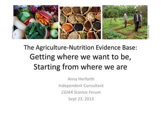 The Agriculture-Nutrition Evidence Base:
Getting where we want to be,
Starting from where we are
Anna Herforth
Independent Consultant
CGIAR Science Forum
Sept 23, 2013
Photo:RemiKahane
Photo:AnnaHerforth
 