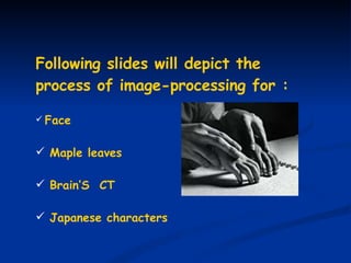Following slides will depict the process of image-processing for : Face Maple leaves Brain’S  CT Japanese characters 