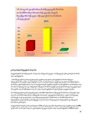 20
გამოკითხვის შედეგების ანალიზი
ანკეტირებაში მონაწილეობა მიიღო მე-102კლასის ყველა მოსწავლემ. გამოკითხვის მიზანი
იყო, დამედგინა:
1)მოსწავლეების დამოკიდებულება ტექნოლოგიების გამოყენების მიმართ სწავლა-
სწავლების პროცესში:ფლობდნენ თუ არა საინფორმაციო ტექნოლოგიებს სამომხმარებლო
დონეზე, უტარდებოდათ თუ არა გაკვეთილები ტექნლოგიების გამოყენებით, გაზრდიდა თუ
არა მათ მოტივაციასა და ინტერესს სწავლის მიმართ ტექნოლოგიების ჩართვა საგაკვეთილო
პროცესში და მოსწონდათ თუ არა ისტ-ის გამოყენებით ჩატარებული გაკვეთილები.
2) მოსწავლეების დამოკიდებულება თანამშრომლობითი სწავლების მიმართ: მისაღები იყო
თუ არა თანამშრომლობითი სწავლება მათთვის; ჯგუფური მუშაობით უფრო მარტივად
ართმევენ თავს დავალებას, თუ ინდივიდუალური მუშაობით;თანამშრომლობითი
სწავლების გაძლიერება გამოიწვევდა თუ არა მათი მოტივაციის ამაღლებასა და სწავლის
ხარისხის გაზრდას.
ანკეტირებამ აჩვენა:გამოკითხულთა 71% კარგად ფლობს ინფორმაციულ ტექნოლოგიას ;60%
ფიქრობს, რომ საერთოდ არ უტარდებათ გაკვეთილები ისტ-ის გამოყენებით; 65%-ს სურს
0%
10%
20%
30%
40%
50%
60%
70%
მნიშვნელოვნად
გააუმჯობესებს
გააუმჯობესებს უცვლელი დარჩება
28%
68%
4%
10.როგორ ფიქრობთ,მოსწავლეებს შორის
თანამშრომლობითი სწავლება ხელს
შეუწყობს სწავლა-სწავლების ხარისხის
ამაღლებას?
 