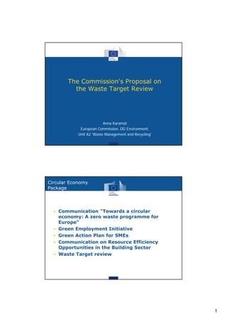 1 
The Commission's Proposal on 
the Waste Target Review 
Anna Karamat 
European Commission, DG Environment, 
Unit A2 'Waste Management and Recycling' 
Circular Economy 
Package 
• Communication "Towards a circular 
economy: A zero waste programme for 
Europe" 
• Green Employment Initiative 
• Green Action Plan for SMEs 
• Communication on Resource Efficiency 
Opportunities in the Building Sector 
• Waste Target review 
 