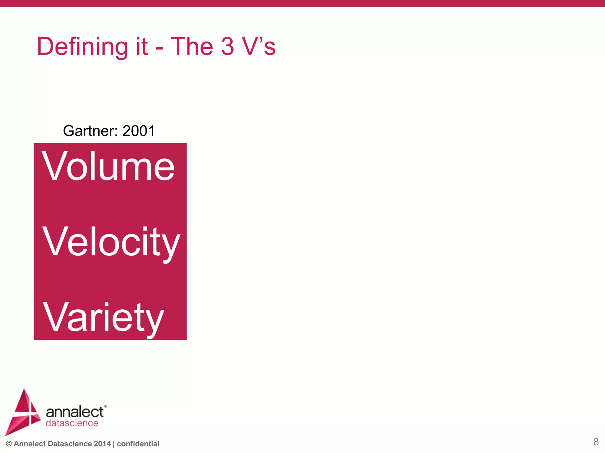 © Annalect Datascience 2014 | confidential
Defining it - The 3 V’s
8
Velocity
Volume
Variety
Gartner: 2001
 