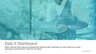 Data X Dashboard
Miten rakentaa 360-näkymä markkinointiin liittyvän datan hallintaan ja miten tehdä sen avulla
parempaa markkinointia? Jussi Piri, Annalect
 