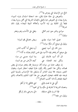 ‫جوب‬ ‫امباكي‬ ‫شيخ‬ .‫د‬
-
106
-
‫اﻟﺘﺮاث‬ ‫ﺣﻮﻟﻴﺎت‬ ‫ﻣﺠﻠﺔ‬
‫لها‬ ‫يتعرض‬ ‫التي‬ ‫الإحباط‬ ‫عن‬ ‫الناتج‬
)
29
(
.
‫السوداء‬ ‫بشرته‬ ‫استبدال‬ ‫استحالة‬ ‫عند‬ ،‫يتمثل‬ ‫عنترة‬ ‫حالة‬ ‫في‬ ‫يض‬‫والتعو‬
‫بيضاء‬ ‫رمزية‬ ‫تحمل‬ ‫التي‬ ‫يفة‬‫الشر‬ ‫خصال‬‫ل‬‫با‬ ‫بالتحلي‬ ‫عنها‬ ‫يض‬‫التعو‬ ‫في‬ ،‫بيضاء‬ ‫ببشرة‬
.
‫فيلجأ‬
‫البيضا‬ ‫النبيلة‬ ‫وأخلاقه‬ ‫الأسود‬ ‫لونه‬ ‫بين‬ ‫المقابلة‬ ‫إلى‬
،‫ء‬
‫ذلك‬ ‫يقول‬
‫حا‬‫ي‬‫صر‬
)
30
(
:
‫شمائلي‬ ‫تبدو‬ ‫حين‬ ‫بياض‬ ‫سوادي‬
‫يفخر‬‫و‬ ‫يزهو‬ ‫الأنساب‬ ‫على‬ ‫وفعلي‬
‫يقول‬‫و‬
)
31
(
:
‫جلدي‬ ‫بسواد‬ ‫العدا‬ ‫تعيرني‬
‫السوادا‬ ‫حو‬‫م‬‫ي‬ ‫خصائلي‬ ‫وبيض‬
‫آخر‬ ‫موضع‬ ‫في‬ ‫يقول‬‫و‬
‫سواده‬ ‫منكرا‬
)
32
(
:
‫ليعيبني‬ ‫أسود‬ ‫إني‬ ‫قال‬ ‫ومن‬
‫الناس‬ ‫أكذب‬ ‫أنه‬ ‫بفعلي‬ ‫يه‬‫أر‬
‫آخر‬ ‫موضع‬ ‫وفي‬
‫بلو‬ ‫يفتخر‬
‫كداء‬‫به‬ ‫يعترف‬ ‫الوقت‬ ‫نفس‬ ‫وفي‬ ‫الأسود‬ ‫نه‬
)
33
(
:
‫لوني‬ ‫فالمسك‬ ‫أسود‬ ‫أك‬ ‫لئن‬
‫دواء‬ ‫من‬ ‫جسمي‬ ‫لسواد‬ ‫وما‬
‫عني‬ ‫الفحشاء‬ ‫تبعد‬ ‫ولـكن‬
‫السماء‬ ‫جو‬ ‫عن‬ ‫الأرض‬ ‫كبعد‬
‫بعض‬ ‫في‬ ‫بسواده‬ ‫يفتخر‬ ‫فقد‬ ،‫مزدوجا‬ ‫كان‬ ‫سواده‬ ‫من‬ ‫عنترة‬ ‫موقف‬ ‫إن‬
‫احتقا‬ ‫ُعقبه‬ ‫في‬ ‫طارئا‬ ‫يكون‬ ‫يكاد‬ ‫الشعور‬ ‫هذا‬ ‫ولـكن‬ ‫قصائده‬
‫وطغيان‬ ‫للسواد‬ ‫ر‬
‫الإحساس‬ ‫هذا‬ ‫يستبطن‬ ‫أن‬ ‫الشاعر‬ ‫يلبث‬ ‫فلا‬ ،‫بدونيته‬ ‫الشعور‬
‫الذي‬ ‫بالدونية‬
،‫ثقافته‬ ‫عليه‬ ‫فرضته‬
‫بالشيم‬ ‫بالاتصاف‬ ‫المشئوم‬ ‫اللون‬ ‫هذا‬ ‫عن‬ ‫يض‬‫التعو‬ ‫فيحاول‬
‫النبيلة‬
.
‫ف‬
‫يف‬
‫الشمائل‬ ‫اكتسب‬ ‫قد‬ ‫بأنه‬ ‫تخر‬
)
34
(
:
‫فإنني‬ ‫علمت‬ ‫بما‬ ‫علي‬ ‫أثني‬
‫أظلم‬ ‫لم‬ ‫إذا‬ ‫خالقتي‬‫م‬ ‫سمح‬
‫وخصاله‬
‫حوه‬‫ص‬ ‫في‬ ‫ولا‬ ‫سكره‬ ‫في‬ ‫تفارقه‬ ‫لا‬ ‫يفة‬‫الشر‬
)
35
(
:
‫مستهلك‬ ‫فإنني‬ ‫شربت‬ ‫فإذا‬
‫يكلم‬ ‫لم‬ ‫وافر‬ ‫وعرضي‬ ‫مالي‬
‫عفته‬ ‫عن‬ ‫يقول‬‫و‬
)
36
(
:
 