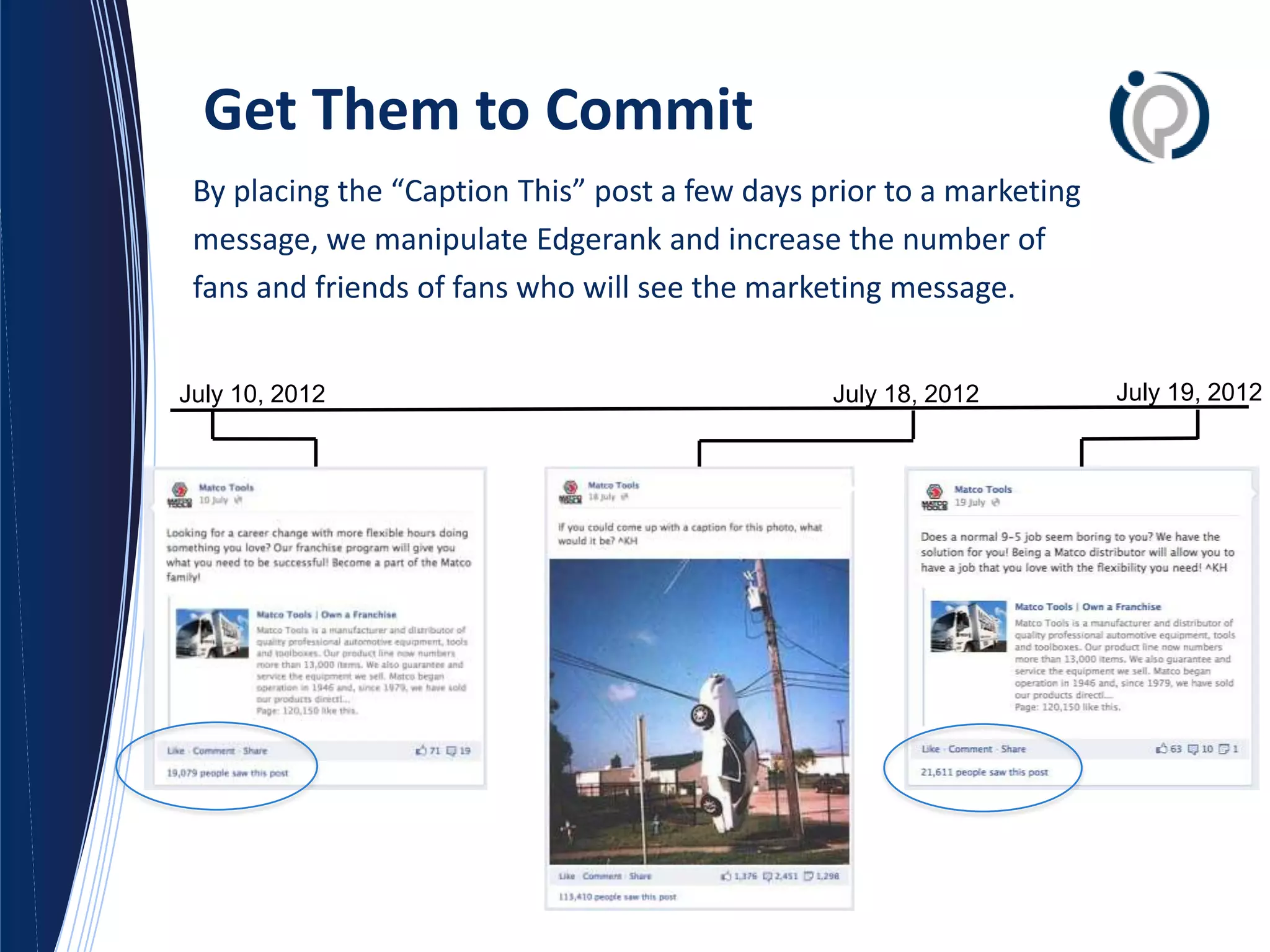 Get Them to Commit
 By placing the “Caption This” post a few days prior to a marketing
 message, we manipulate Edgerank and increase the number of
 fans and friends of fans who will see the marketing message.


July 10, 2012                                   July 18, 2012         July 19, 2012
 