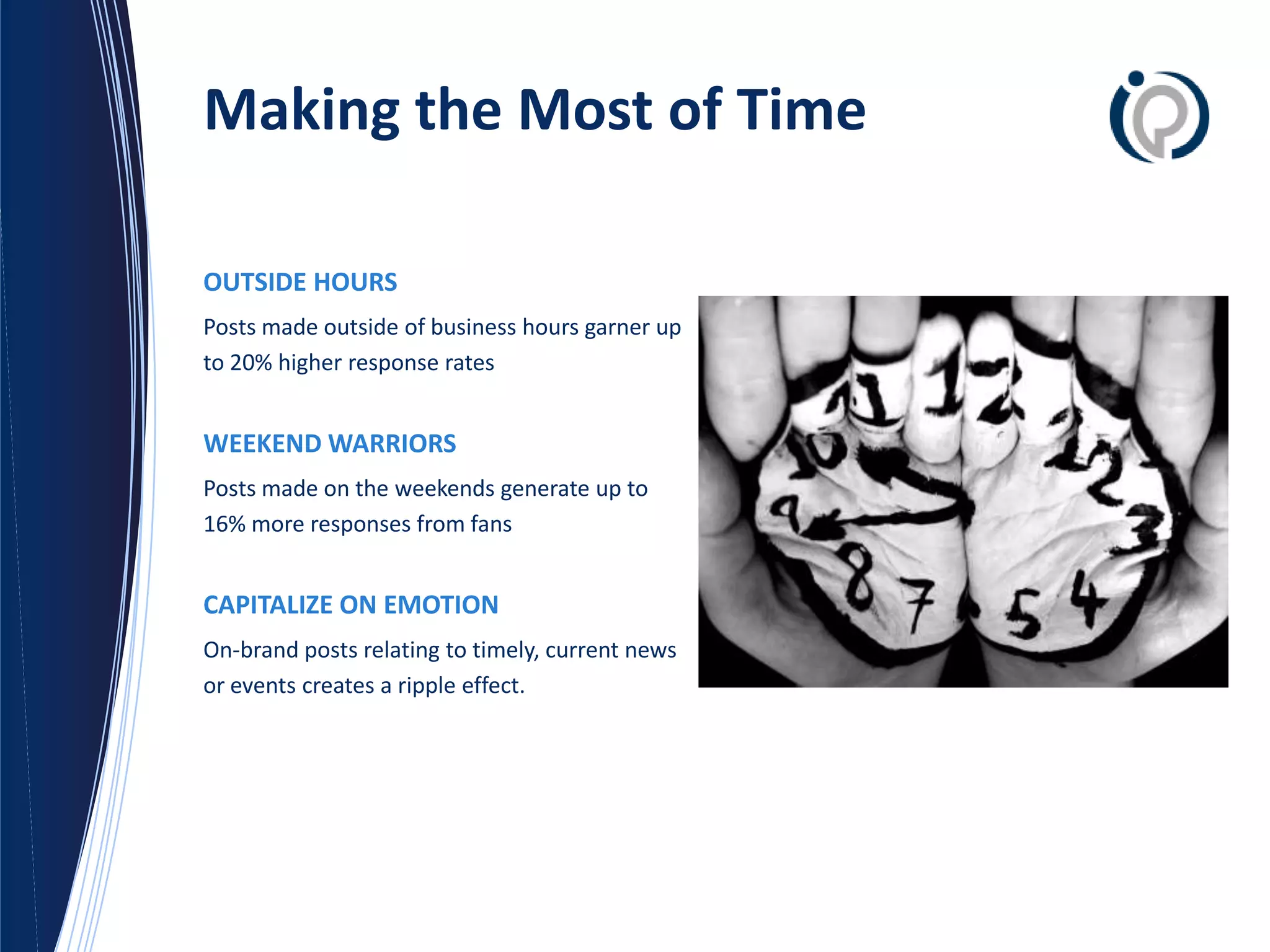 Making the Most of Time

OUTSIDE HOURS
Posts made outside of business hours garner up
to 20% higher response rates


WEEKEND WARRIORS
Posts made on the weekends generate up to
16% more responses from fans


CAPITALIZE ON EMOTION
On-brand posts relating to timely, current news
or events creates a ripple effect.
 