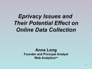 1
Eprivacy Issues and
Their Potential Effect on
Online Data Collection
Anna Long
Founder and Principal Analyst
Web AnalyticaSM
 