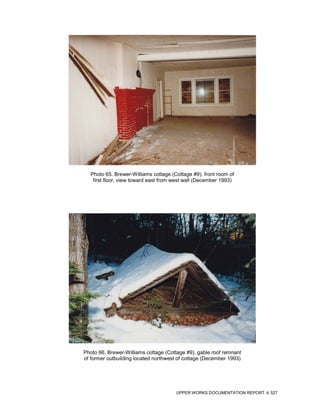 Photo 65. Brewer-Williams cottage (Cottage #9), front room of
   first floor, view toward east from west wall (December 1993)




Photo 66. Brewer-Williams cottage (Cottage #9), gable roof remnant
of former outbuilding located northwest of cottage (December 1993)




                                      UPPER WORKS DOCUMENTATION REPORT   527
 