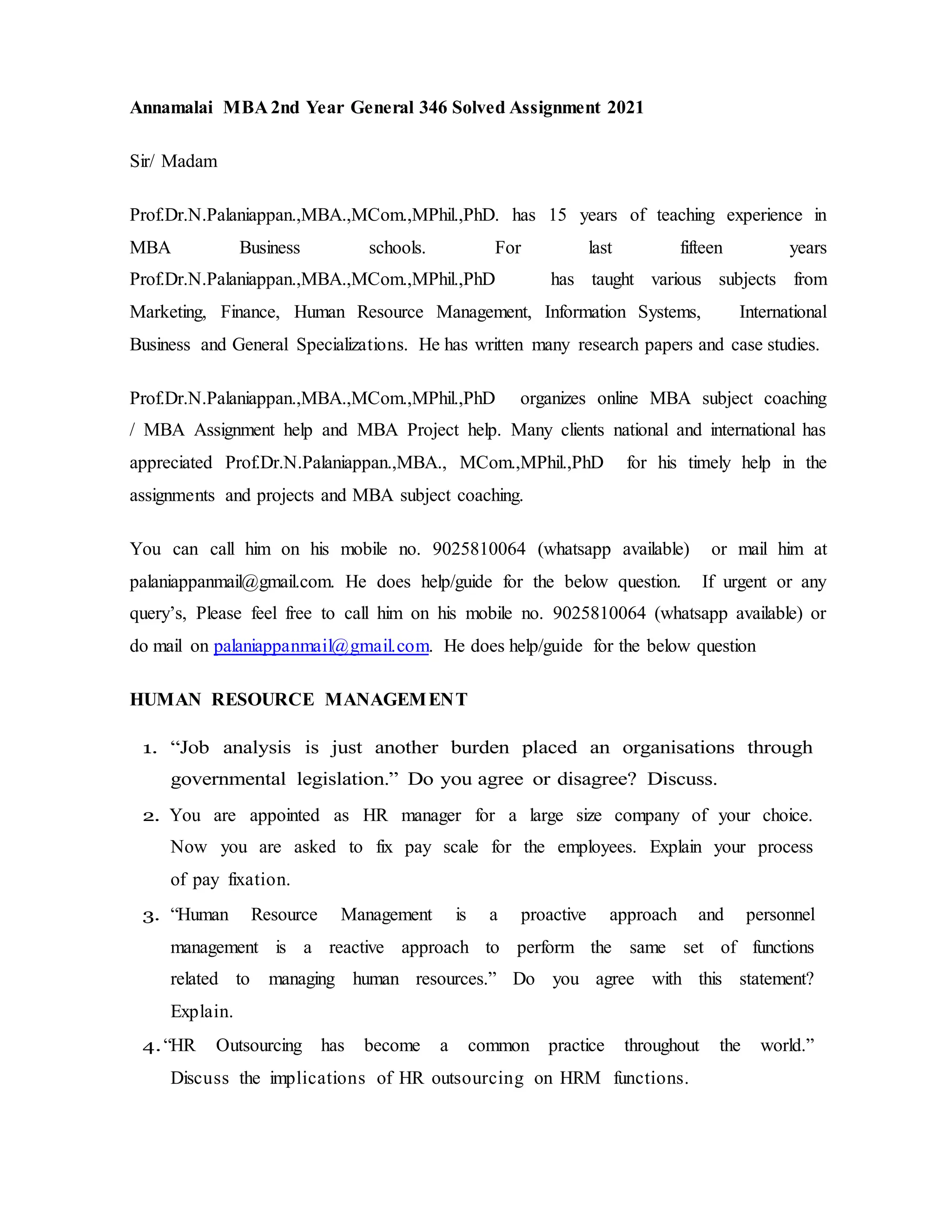 Annamalai MBA 2nd year General 346 Solved Assignment 2021