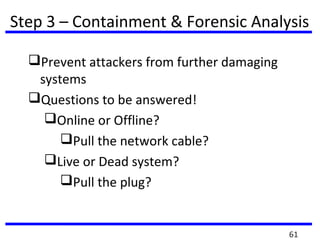Step 3 – Containment & Forensic Analysis
Prevent attackers from further damaging
systems
Questions to be answered!
Online or Offline?
Pull the network cable?
Live or Dead system?
Pull the plug?
61
 