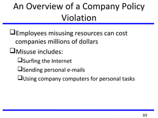An Overview of a Company Policy
Violation
Employees misusing resources can cost
companies millions of dollars
Misuse includes:
Surfing the Internet
Sending personal e-mails
Using company computers for personal tasks
89
 