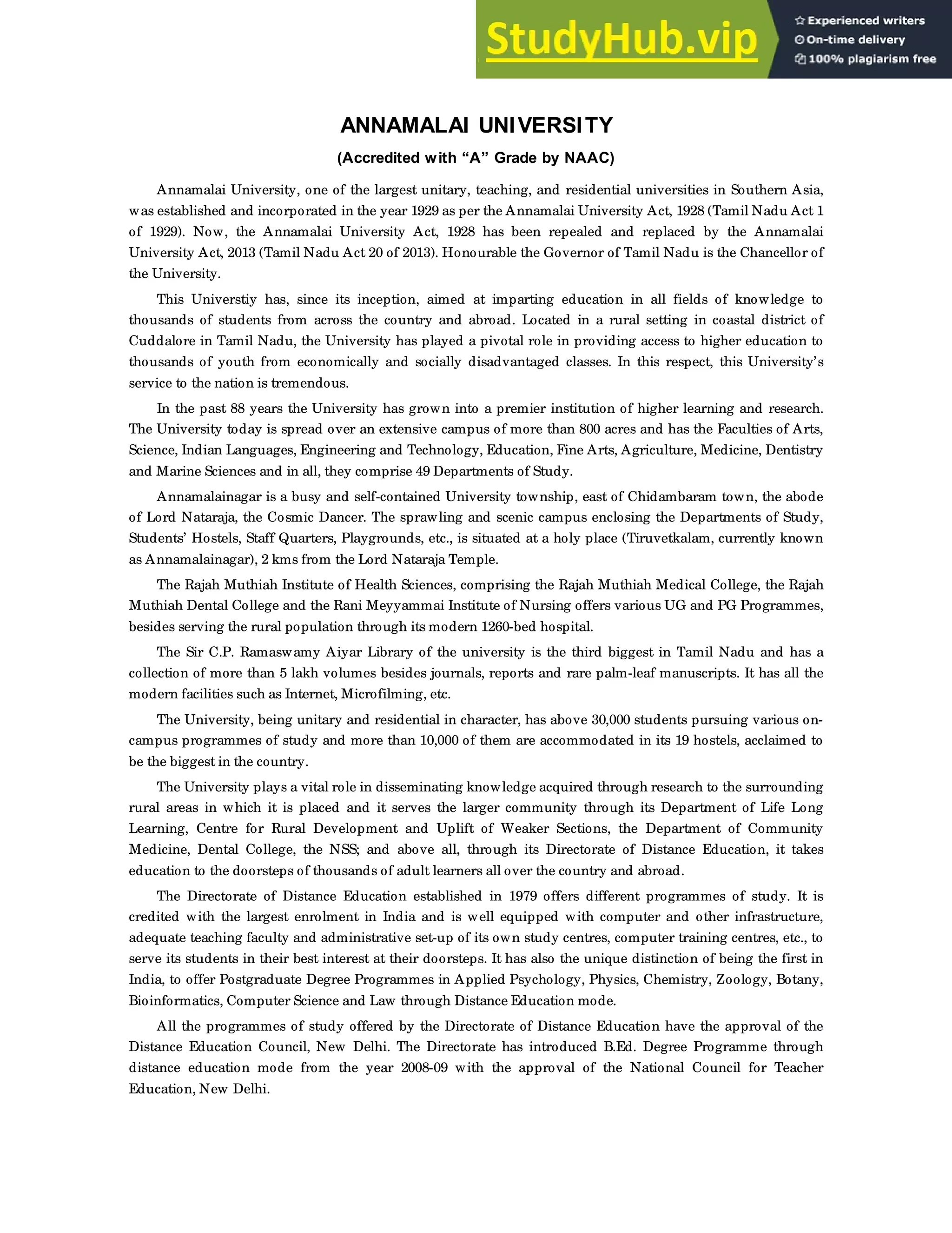 ANNAMALAI UNIVERSITY DIRECTORATE OF DISTANCE EDUCATION ANNAMALAINAGAR ...