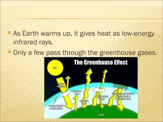  As Earth warms up, it gives heat as low-energy
  infrared rays.
 Only a few pass through the greenhouse gases.
 