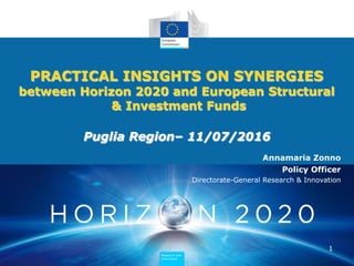 Regional	
Policy	
Research and
Innovation
PRACTICAL INSIGHTS ON SYNERGIES
between Horizon 2020 and European Structural
& Investment Funds
Puglia Region– 11/07/2016
1
Annamaria Zonno
Policy Officer
Directorate-General Research & Innovation
 