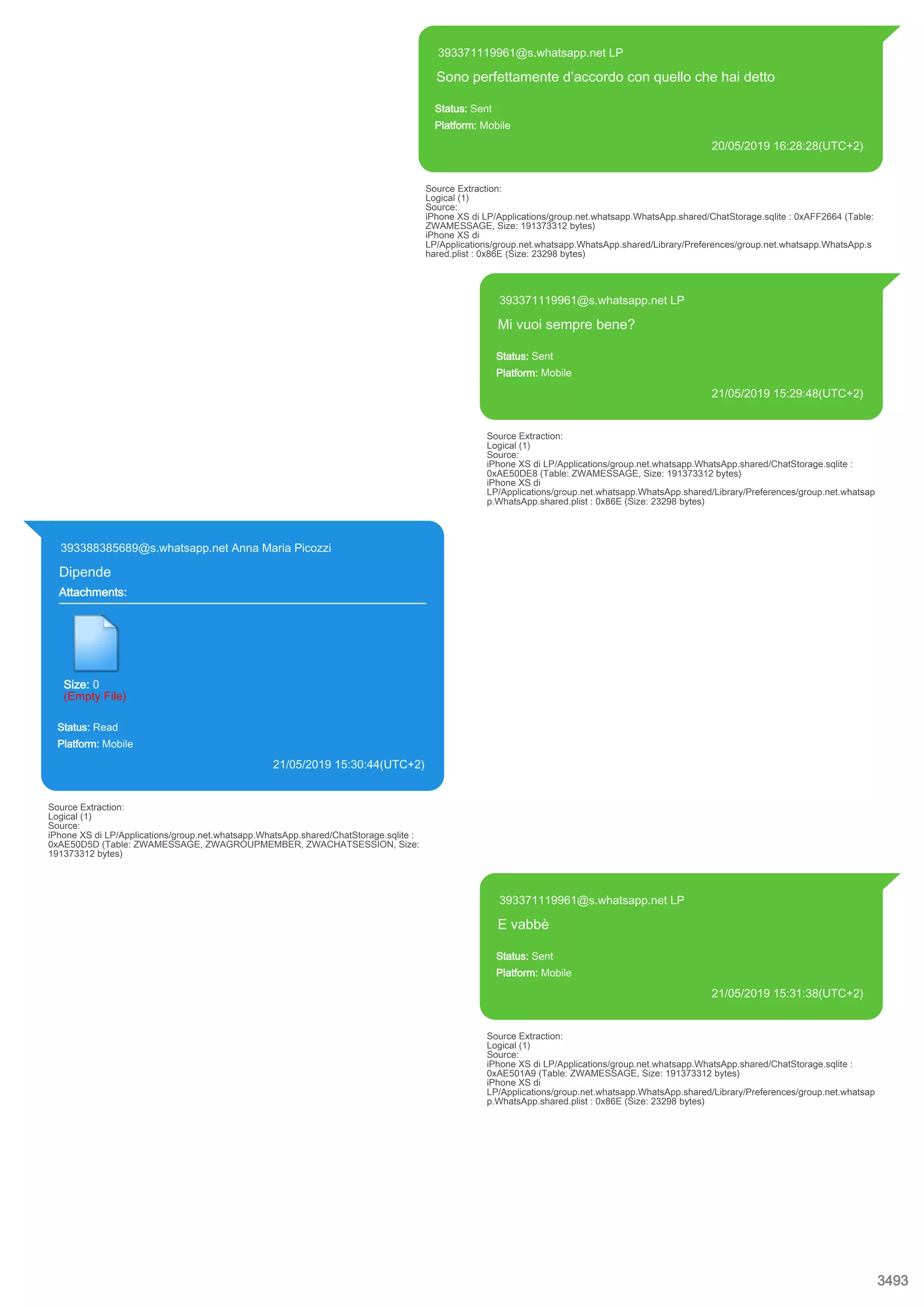 393371119961@s.whatsapp.net LP
Sono perfettamente d’accordo con quello che hai detto
Status: Sent
Platform: Mobile
20/05/2019 16:28:28(UTC+2)
Source Extraction:
Logical (1)
Source:
iPhone XS di LP/Applications/group.net.whatsapp.WhatsApp.shared/ChatStorage.sqlite : 0xAFF2664 (Table:
ZWAMESSAGE, Size: 191373312 bytes)
iPhone XS di
LP/Applications/group.net.whatsapp.WhatsApp.shared/Library/Preferences/group.net.whatsapp.WhatsApp.s
hared.plist : 0x86E (Size: 23298 bytes)
393371119961@s.whatsapp.net LP
Mi vuoi sempre bene?
Status: Sent
Platform: Mobile
21/05/2019 15:29:48(UTC+2)
Source Extraction:
Logical (1)
Source:
iPhone XS di LP/Applications/group.net.whatsapp.WhatsApp.shared/ChatStorage.sqlite :
0xAE50DE8 (Table: ZWAMESSAGE, Size: 191373312 bytes)
iPhone XS di
LP/Applications/group.net.whatsapp.WhatsApp.shared/Library/Preferences/group.net.whatsap
p.WhatsApp.shared.plist : 0x86E (Size: 23298 bytes)
393388385689@s.whatsapp.net Anna Maria Picozzi
Dipende
Attachments:
Size: 0
(Empty File)
Status: Read
Platform: Mobile
21/05/2019 15:30:44(UTC+2)
Source Extraction:
Logical (1)
Source:
iPhone XS di LP/Applications/group.net.whatsapp.WhatsApp.shared/ChatStorage.sqlite :
0xAE50D5D (Table: ZWAMESSAGE, ZWAGROUPMEMBER, ZWACHATSESSION, Size:
191373312 bytes)
393371119961@s.whatsapp.net LP
E vabbè
Status: Sent
Platform: Mobile
21/05/2019 15:31:38(UTC+2)
Source Extraction:
Logical (1)
Source:
iPhone XS di LP/Applications/group.net.whatsapp.WhatsApp.shared/ChatStorage.sqlite :
0xAE501A9 (Table: ZWAMESSAGE, Size: 191373312 bytes)
iPhone XS di
LP/Applications/group.net.whatsapp.WhatsApp.shared/Library/Preferences/group.net.whatsap
p.WhatsApp.shared.plist : 0x86E (Size: 23298 bytes)
3493
 