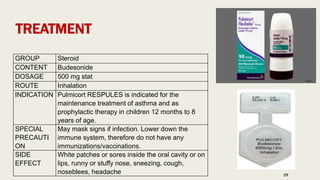 TREATMENT
GROUP Steroid
CONTENT Budesonide
DOSAGE 500 mg stat
ROUTE Inhalation
INDICATION Pulmicort RESPULES is indicated for the
maintenance treatment of asthma and as
prophylactic therapy in children 12 months to 8
years of age.
SPECIAL
PRECAUTI
ON
May mask signs if infection. Lower down the
immune system, therefore do not have any
immunizations/vaccinations.
SIDE
EFFECT
White patches or sores inside the oral cavity or on
lips, runny or stuffy nose, sneezing, cough,
noseblees, headache 29
 