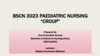 BSCN 3023 PAEDIATRIC NURSING
“CROUP”
Prepared by:
Nur Amira Binti Ahmad
Bachelor of Science In Nursing (Hons)
3067141001
Lecturer:
Madam Annamma Mathews
1
 