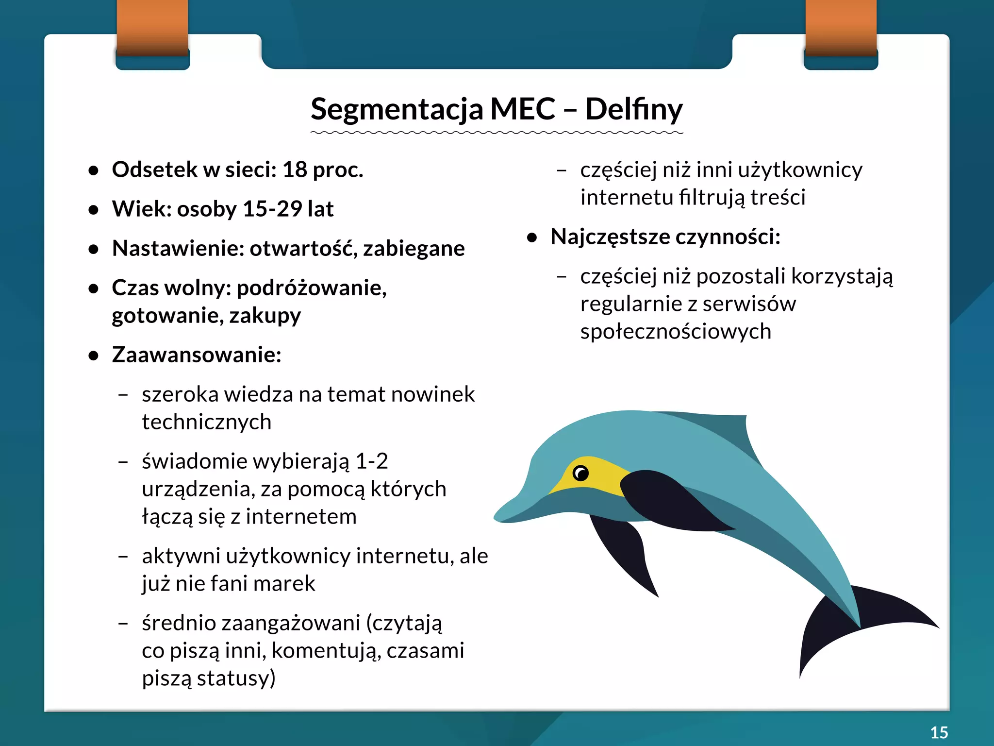 15 
• Odsetek w sieci: 18 proc. 
• Wiek: osoby 15-29 lat 
• Nastawienie: otwartość, zabiegane 
• Czas wolny: podróżowanie, 
gotowanie, zakupy 
• Zaawansowanie: 
– szeroka wiedza na temat nowinek 
technicznych 
– świadomie wybierają 1-2 
urządzenia, za pomocą których 
łączą się z internetem 
– aktywni użytkownicy internetu, ale 
już nie fani marek 
– średnio zaangażowani (czytają 
co piszą inni, komentują, czasami 
piszą statusy) 
– częściej niż inni użytkownicy 
internetu filtrują treści 
• Najczęstsze czynności: 
– częściej niż pozostali korzystają 
regularnie z serwisów 
społecznościowych 
Segmentacja MEC – Delfiny 
 