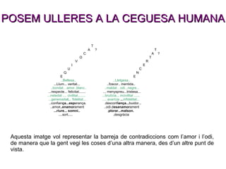 POSEM ULLERES A LA CEGUESA HUMANA       T     A   ?   T   C     A  ?      O   T   V   R   I   E     U    C   Q   N   E   E ..Bellesa..   ..Lletgesa..      ...Llum... veritat...   ..foscor.. mentida..  ..bondat…amor..blanc..    ..maldat…odi...negre...   ...respecte... felicitat.......   ... menyspreu...tristesa...   ...netedat .... civilitat........   ...brutícia... incivilitat ......    ...generosita t.. . fidelitat...    .... avarícia   .. . infidelitat...   ..confian ça...esp erança.  .desconf iança... buidor...    ..amo r..enamor ament   ..odi.d esanamor ament   ...riure... somni..   . plorar...malson.    ....sort.....   .desgràcia Aquesta imatge vol representar la barreja de contradiccions com l’amor i l’odi, de manera que la gent vegi les coses d’una altra manera, des d’un altre punt de vista. 